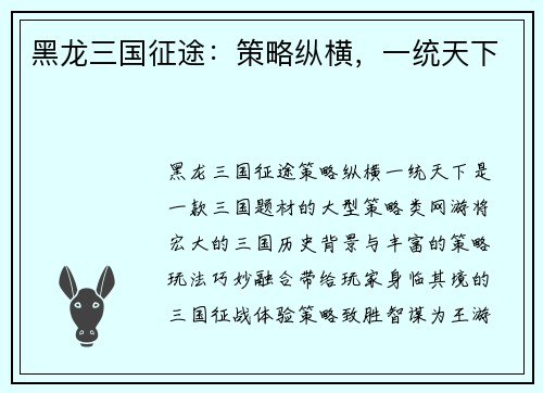 黑龙三国征途：策略纵横，一统天下